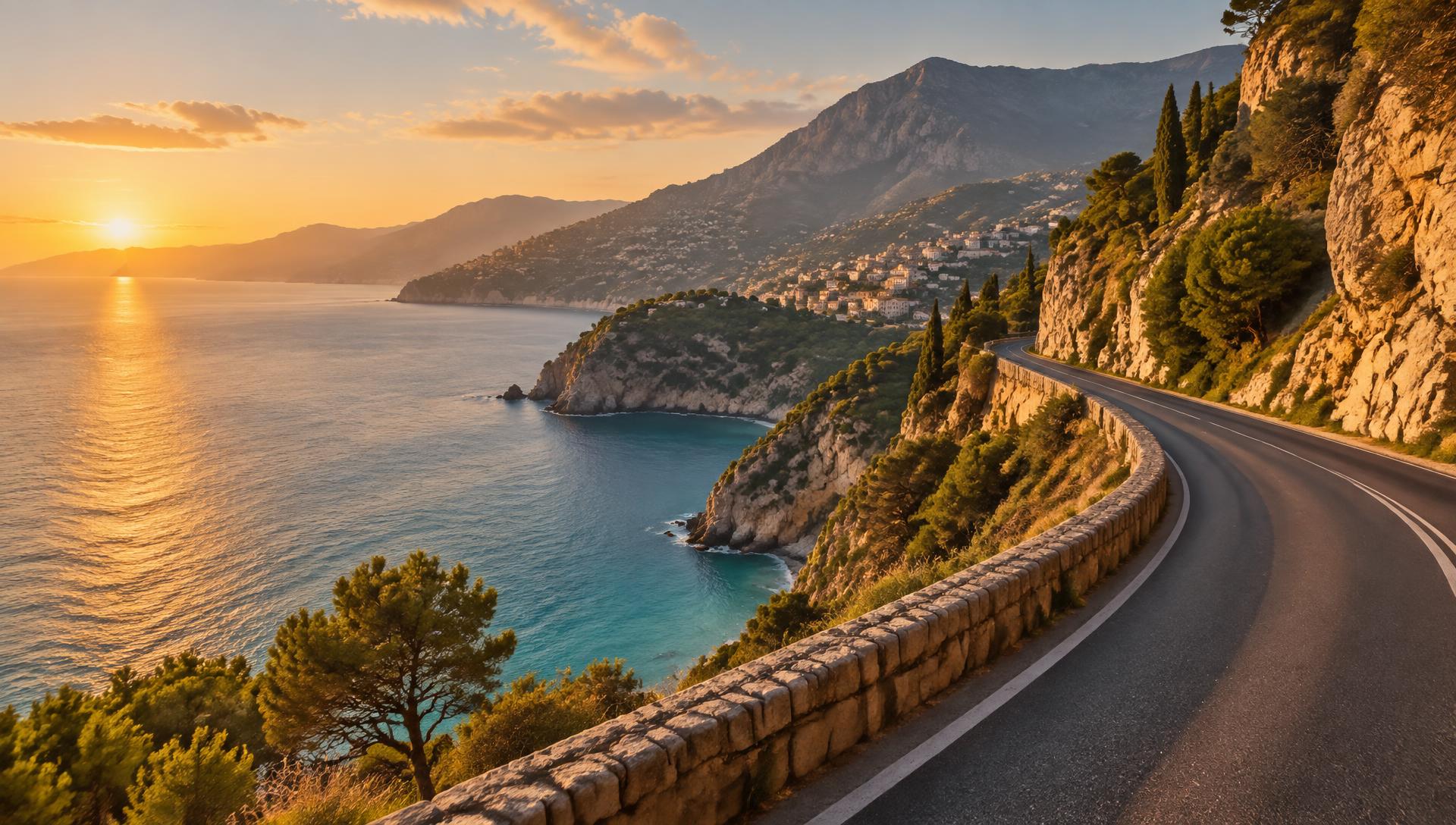 Representative travel photograph of a coastal road beside the sea at sunset